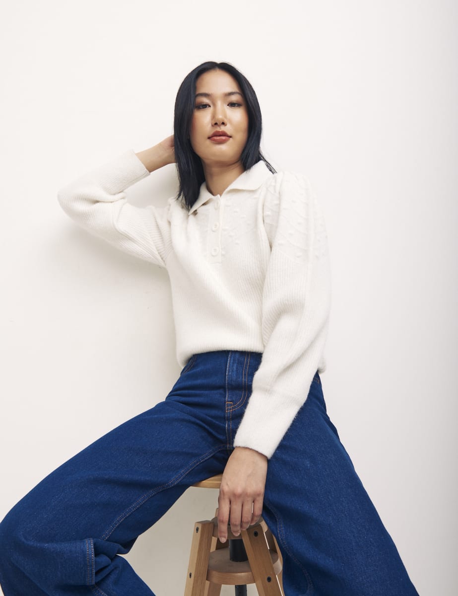 Cream Collar & Placket Bobble Detail Jumper