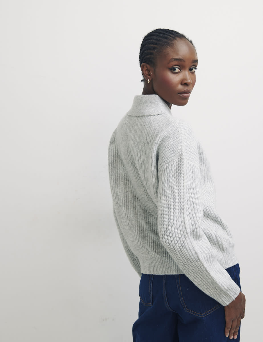 Grey Collar & Trim All Over Rib Jumper