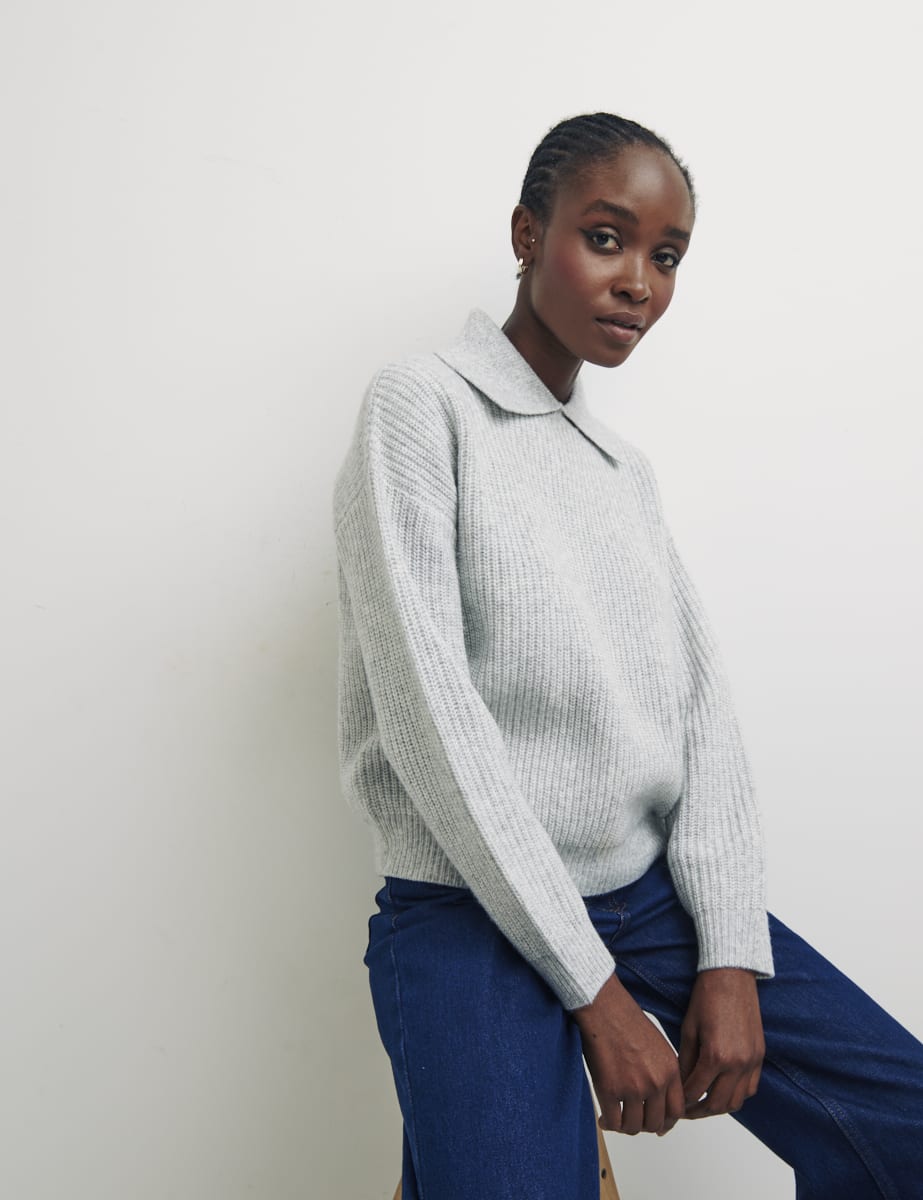 Grey Collar & Trim All Over Rib Jumper
