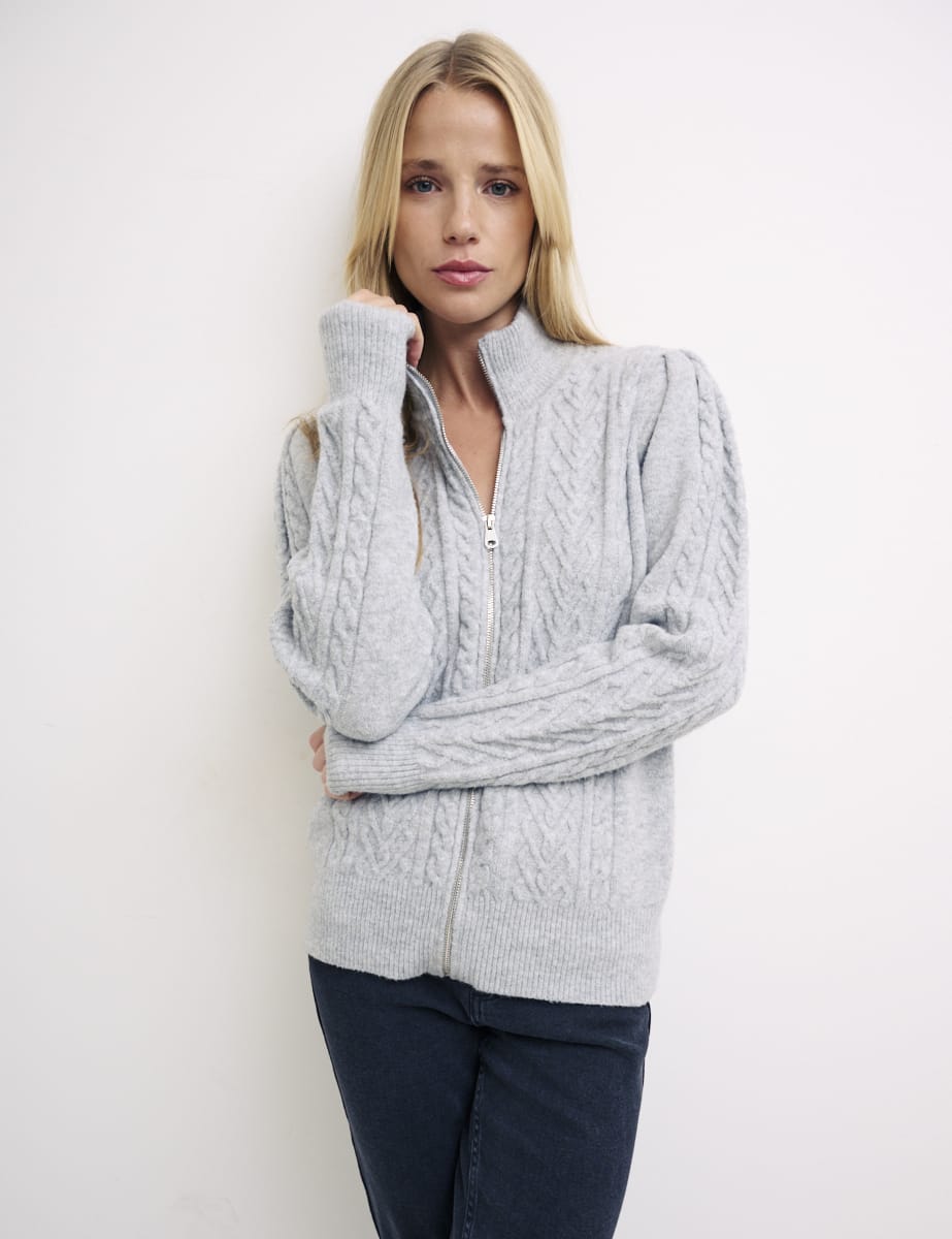 Grey Zip Through Cable Cardigan