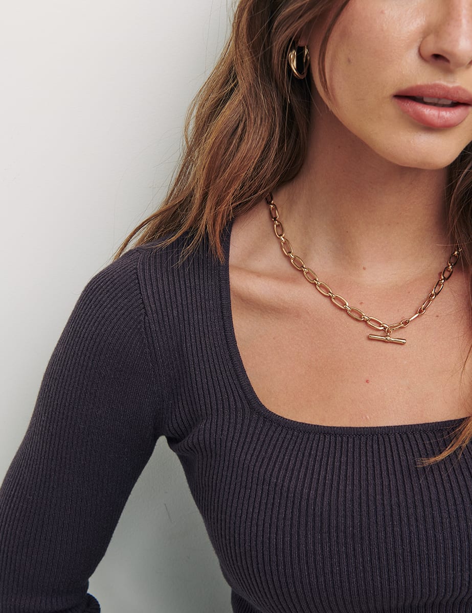 Brown Square Neck 2x2 Rib Top