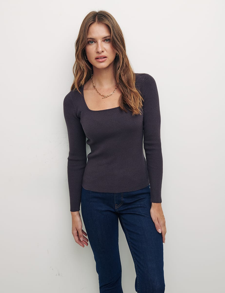 Brown Square Neck 2x2 Rib Top