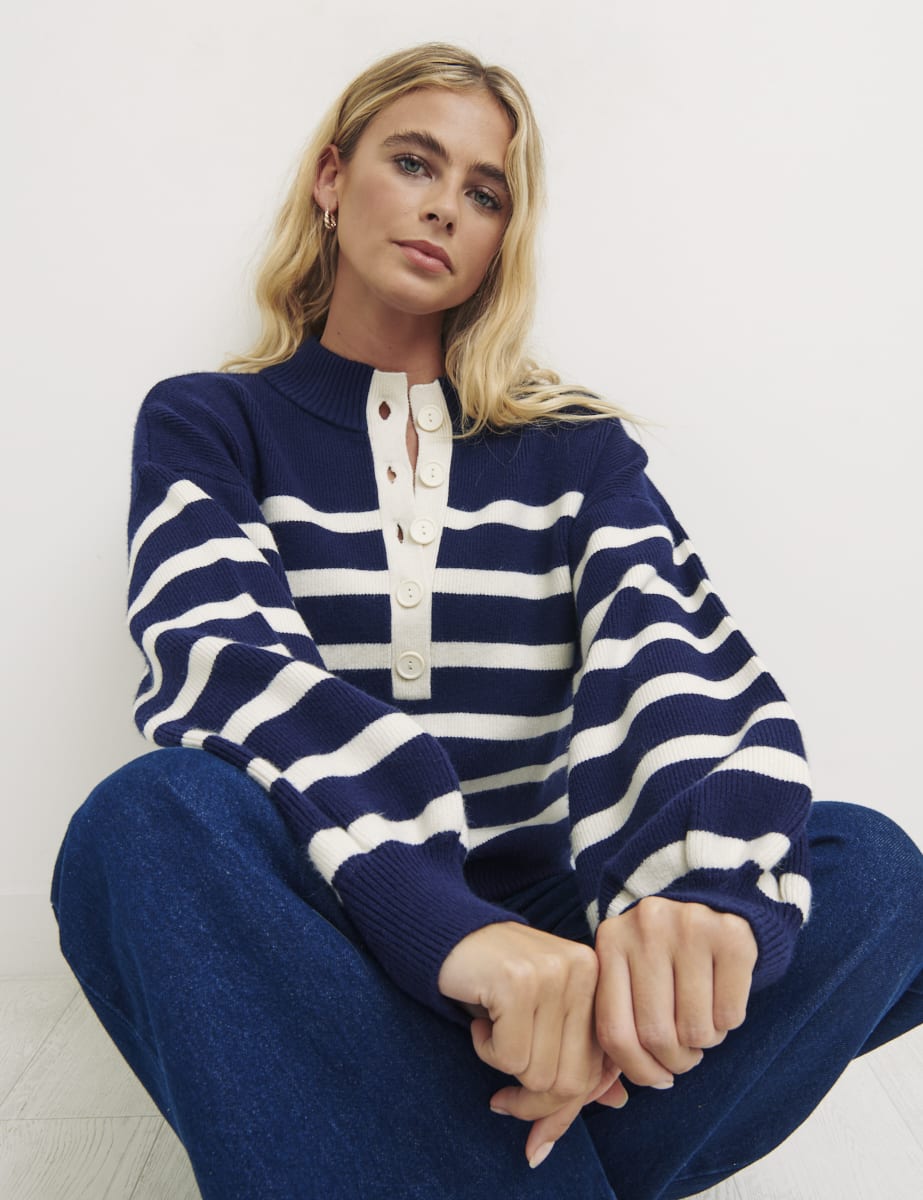Multi Stripe 1/2 Button Placket Stripe Jumper
