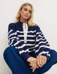 Multi Stripe 1/2 Button Placket Stripe Jumper