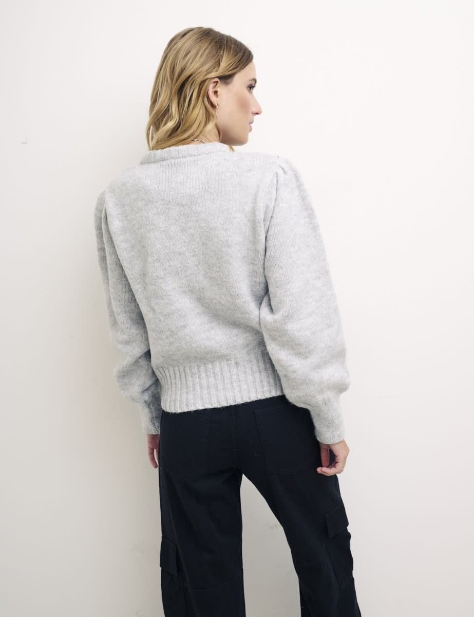 Grey Volume Sleeve Pointelle Panel Jumper