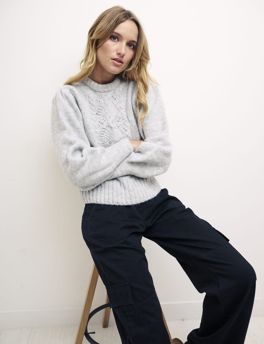 Grey Volume Sleeve Pointelle Panel Jumper