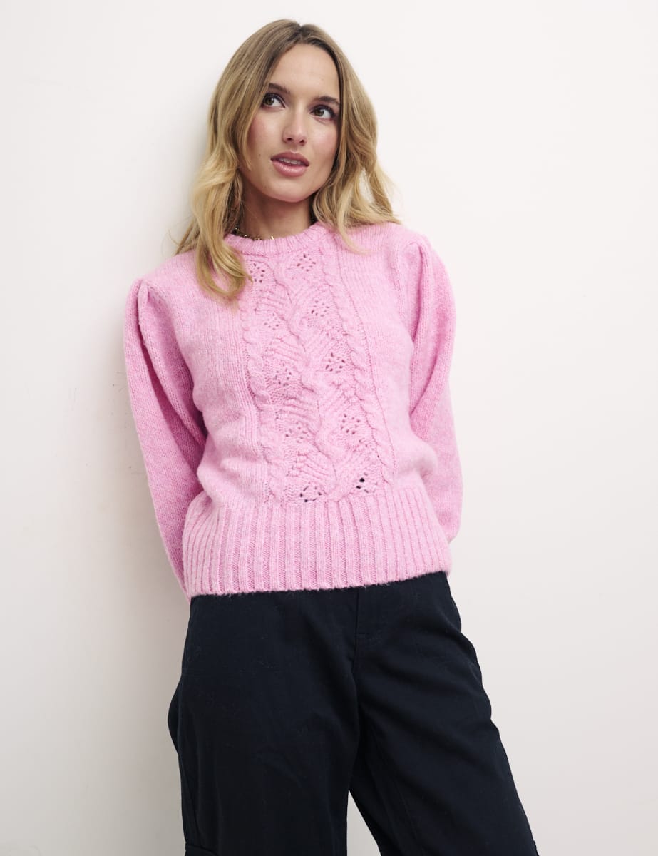 Pink Volume Sleeve Pointelle Panel Jumper