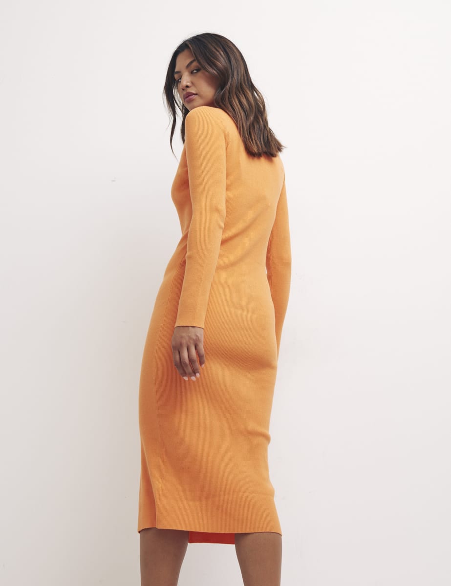 Orange Button Through Ribbed Midi Dress