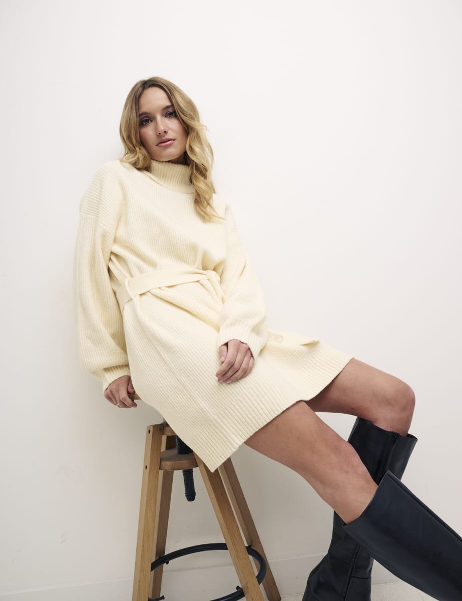 Cream Belted Jumper Mini Dress