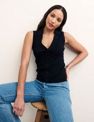 Black Sleeveless Button Through Knitted Top