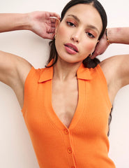 Orange Sleeveless Button Through Knitted Top