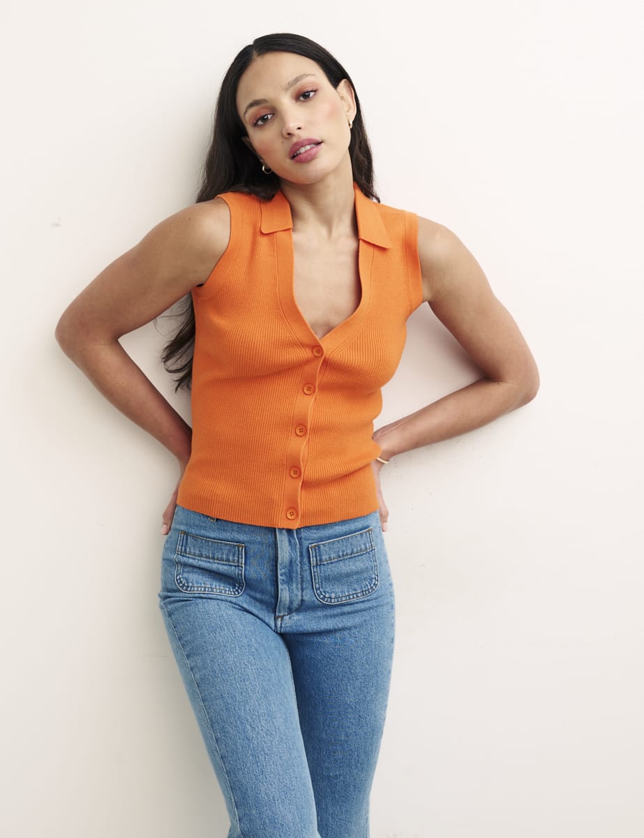 Orange Sleeveless Button Through Knitted Top