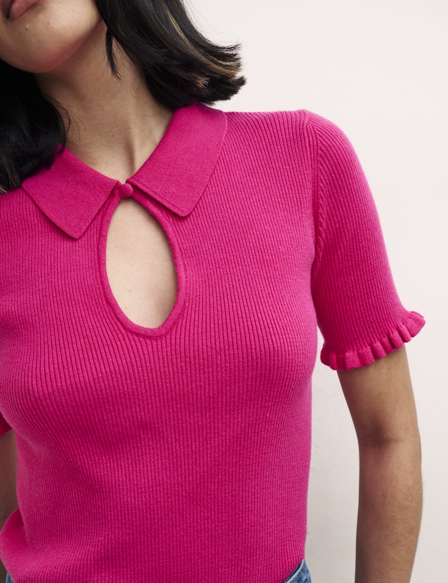 Pink Keyhole & Collar Knitted Top