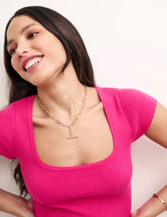 Pink SS Square Neck Knitted Midi Dress