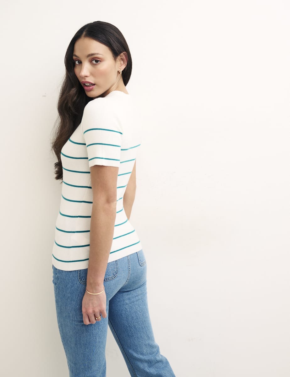 Blue & White Stripe Knitted Short Sleeve Top