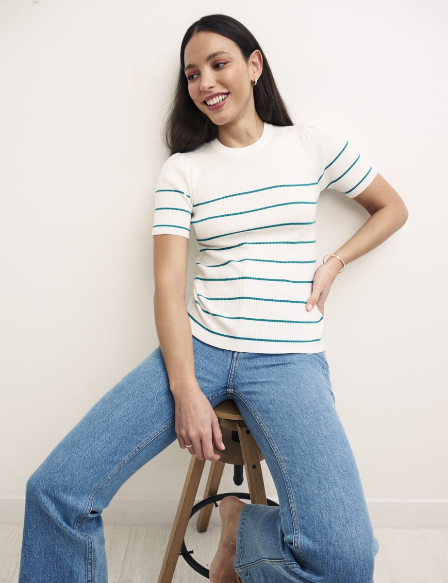 Blue & White Stripe Knitted Short Sleeve Top