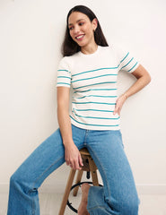 Blue & White Stripe Knitted Short Sleeve Top