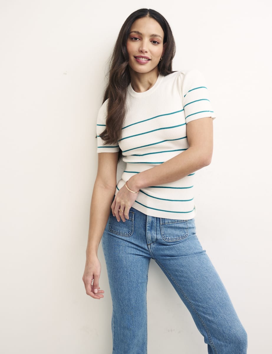 Blue & White Stripe Knitted Short Sleeve Top