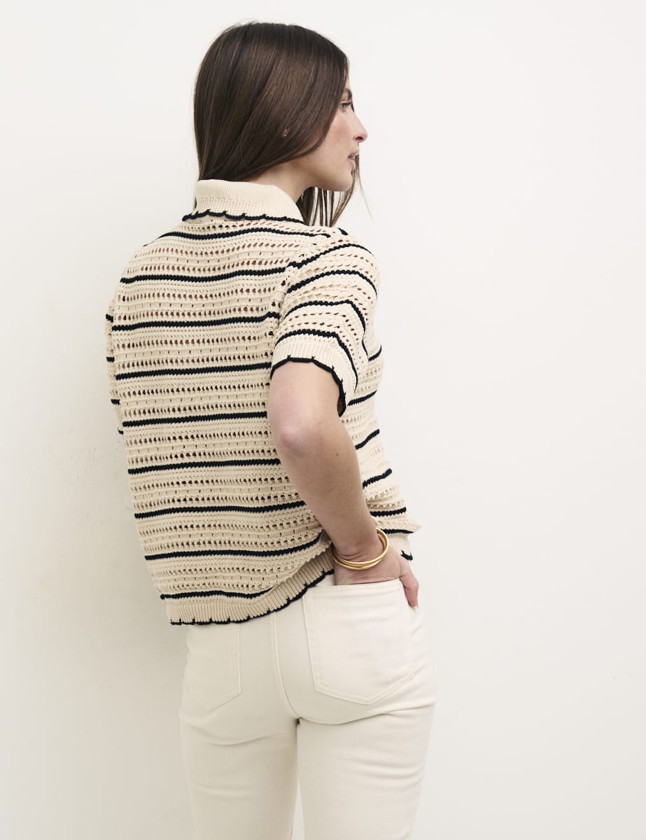 Cream & Black Mock Crochet Stripe Cardigan