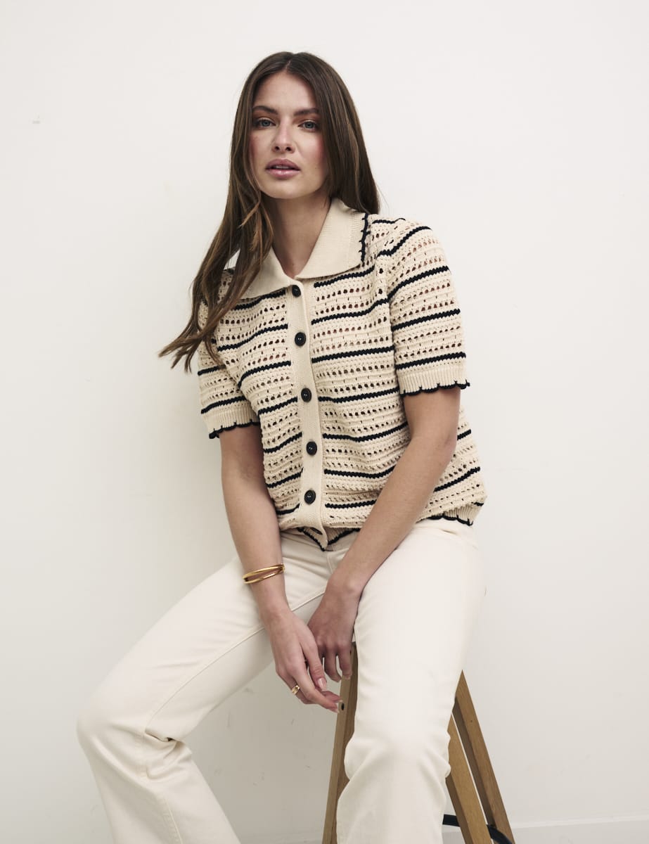 Cream & Black Mock Crochet Stripe Cardigan