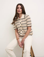Cream & Black Mock Crochet Stripe Cardigan