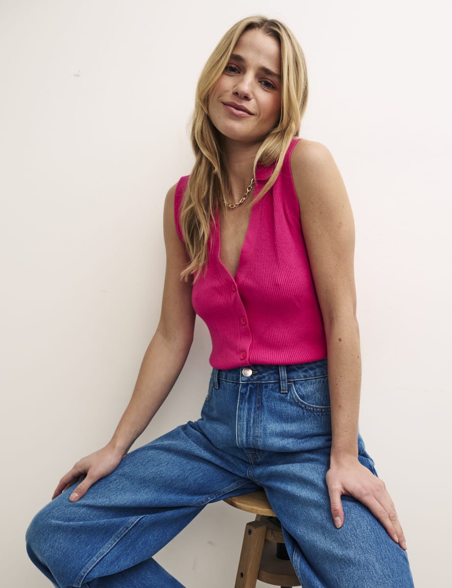 Pink Sleeveless Button Through Knitted Top