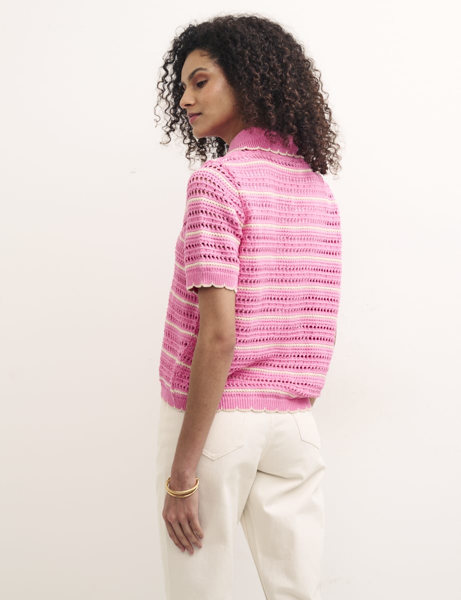 Pink Mock Crochet Stripe Cardigan