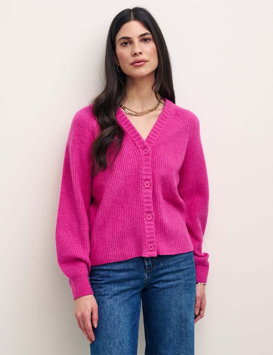 Pink Rib Knit V-Neck Button-Up Cardigan