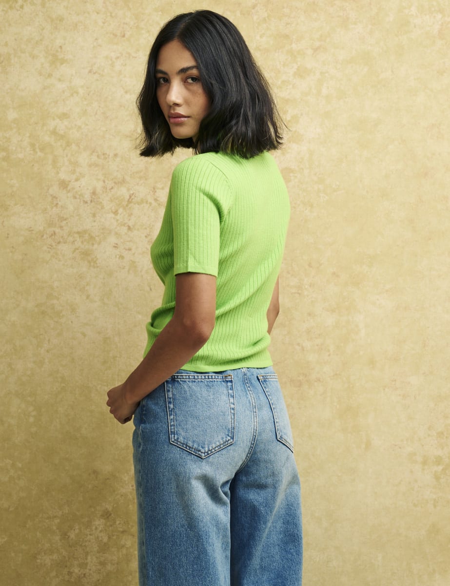 Green Collar Ribbed Knit Top