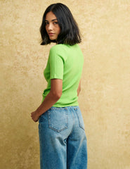 Green Collar Ribbed Knit Top