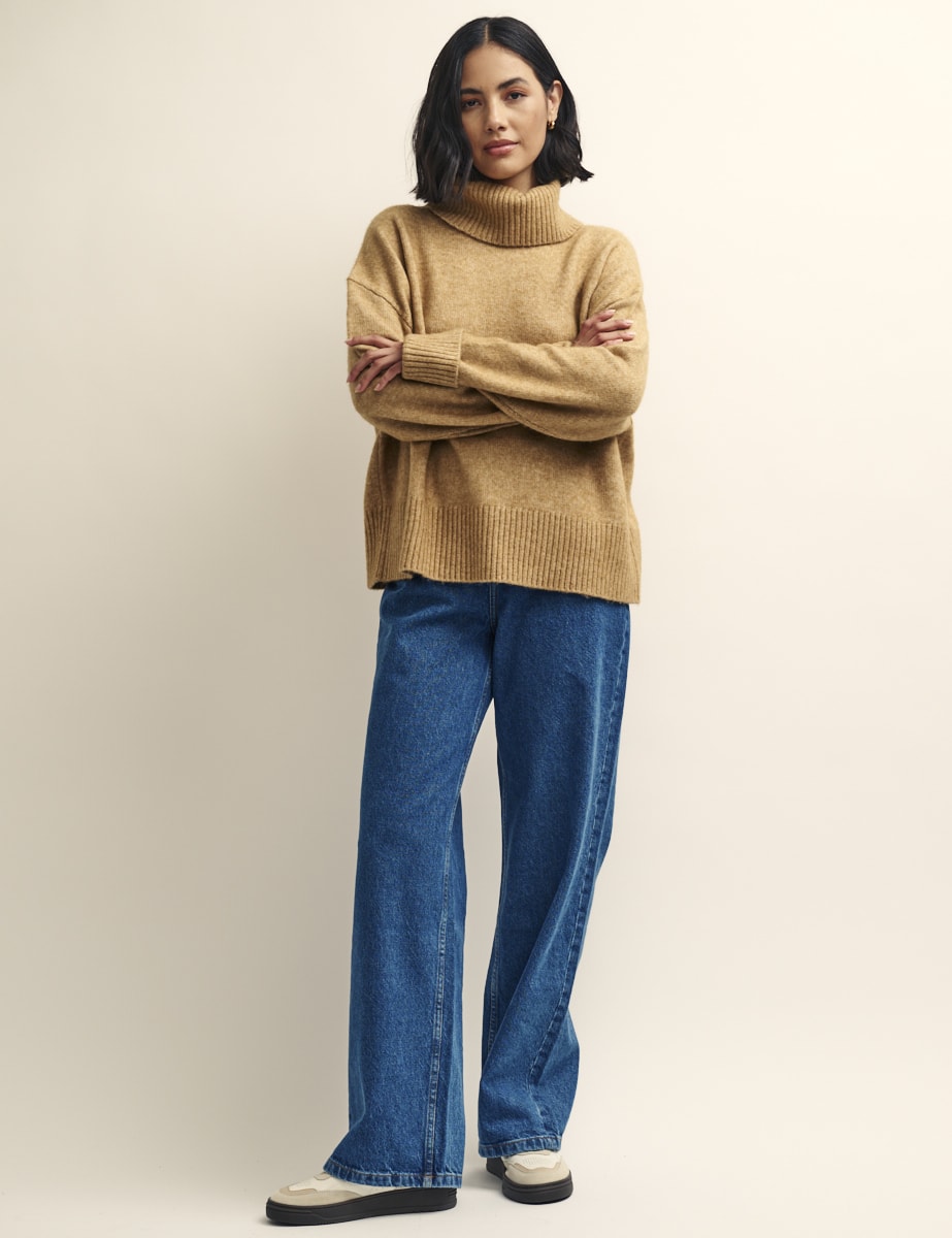 Camel Roll Neck Knitted Jumper