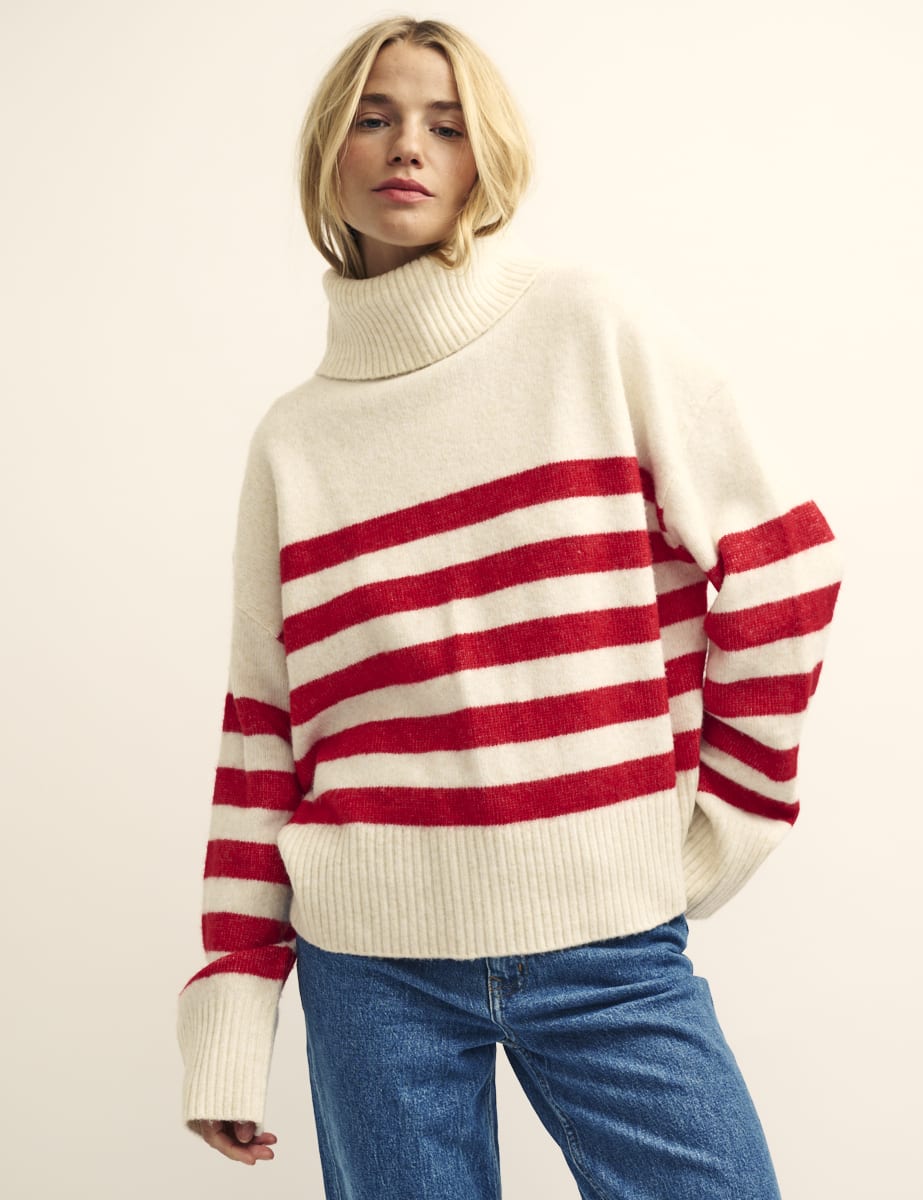 Red and White Stripe Roll Neck Jumper