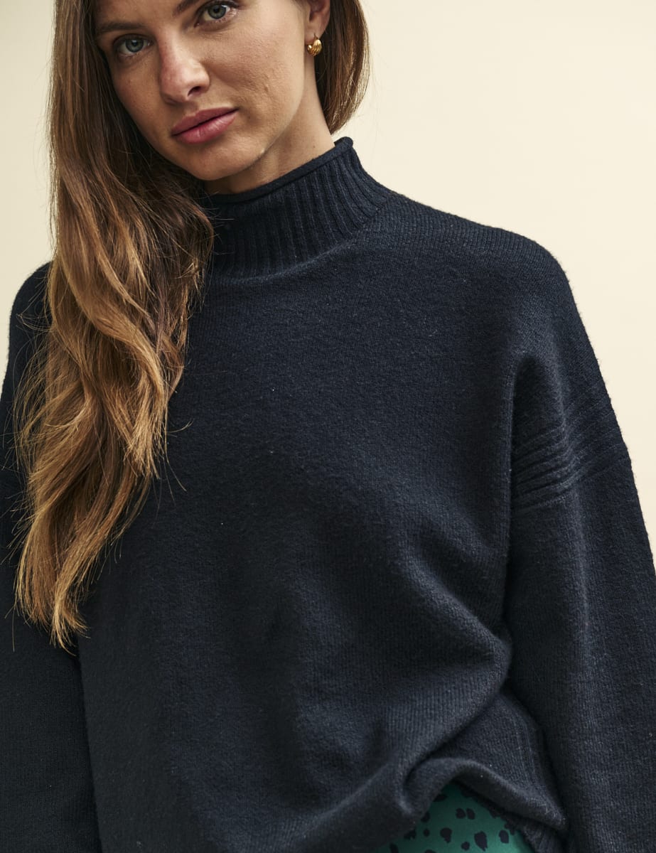 Black Funnel Neck Longline Knitted Jumper