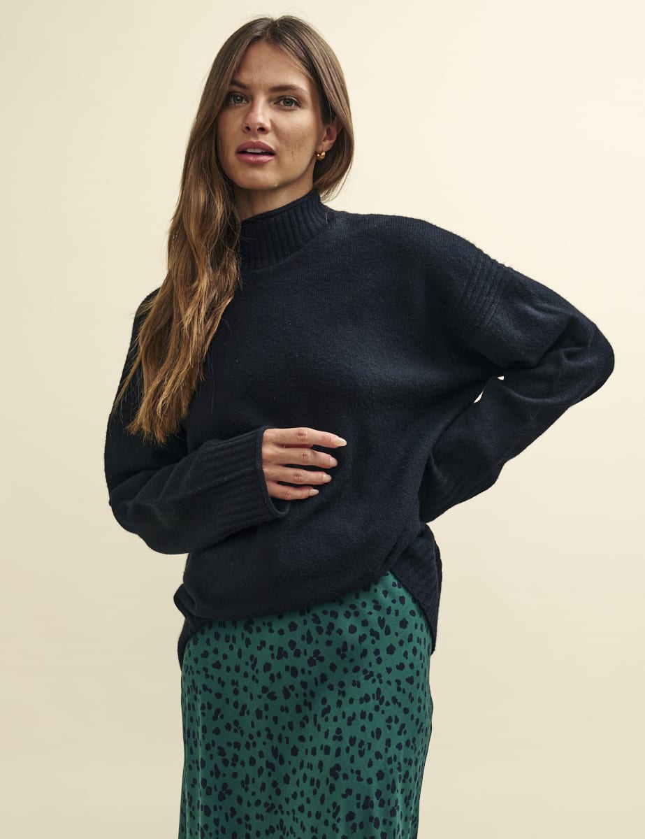 Black Funnel Neck Longline Knitted Jumper