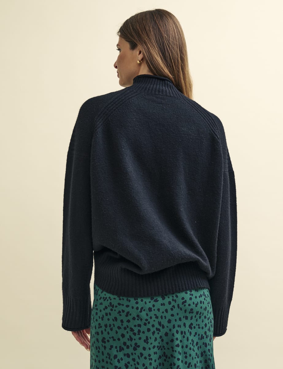 Black Funnel Neck Longline Knitted Jumper
