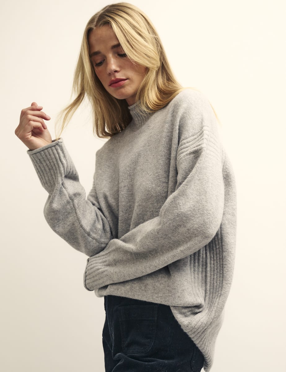 Grey Funnel Neck Longline Knitted Jumper