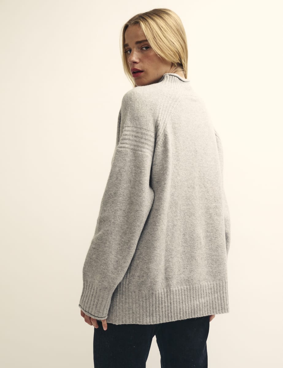 Grey Funnel Neck Longline Knitted Jumper