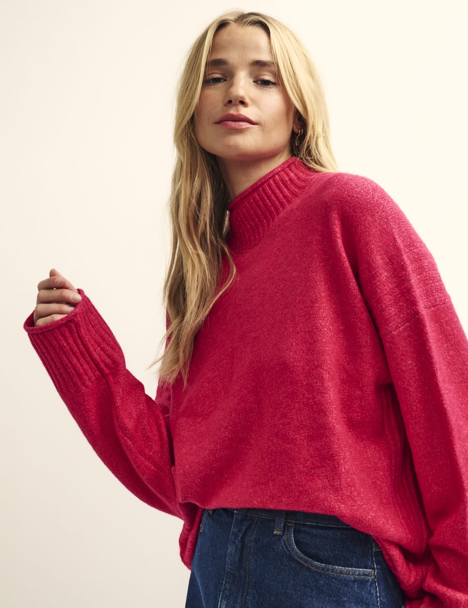 Pink Funnel Neck Longline Knitted Jumper