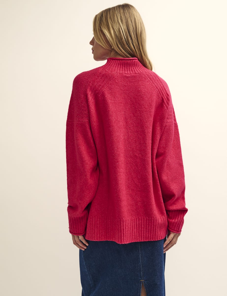 Pink Funnel Neck Longline Knitted Jumper