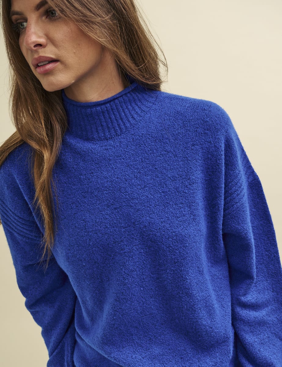 Blue Funnel Neck Longline Knitted Jumper