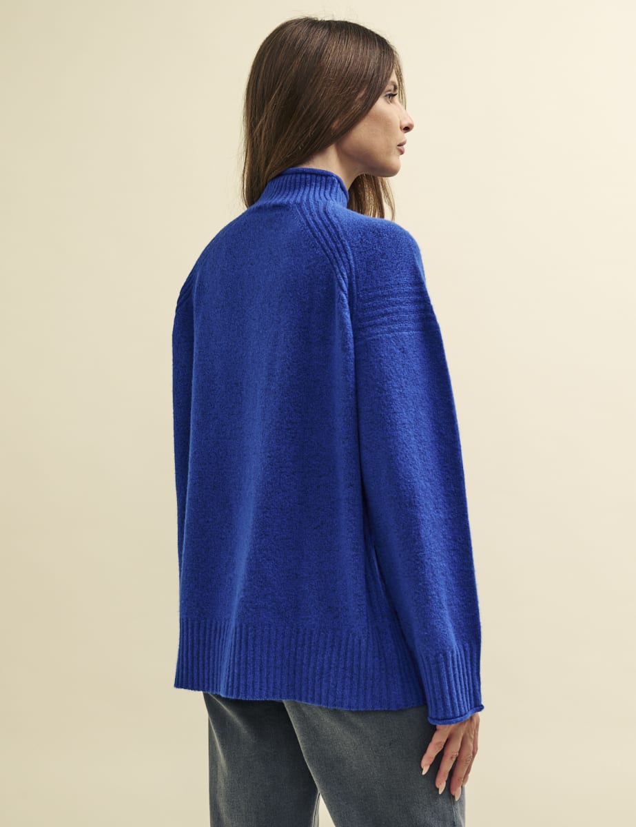 Blue Funnel Neck Longline Knitted Jumper