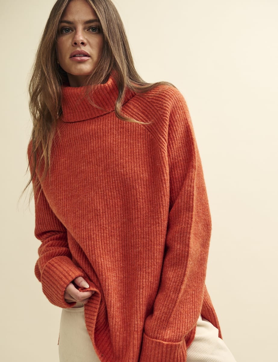 Orange Knitted Roll Neck Oversized Jumper
