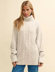 Light Grey Cable Knit Roll Neck Oversized Jumper