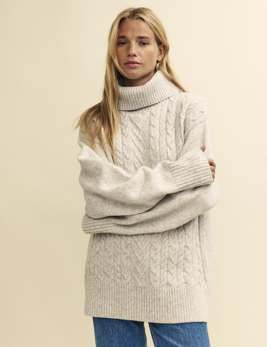 Light Grey Cable Knit Roll Neck Oversized Jumper