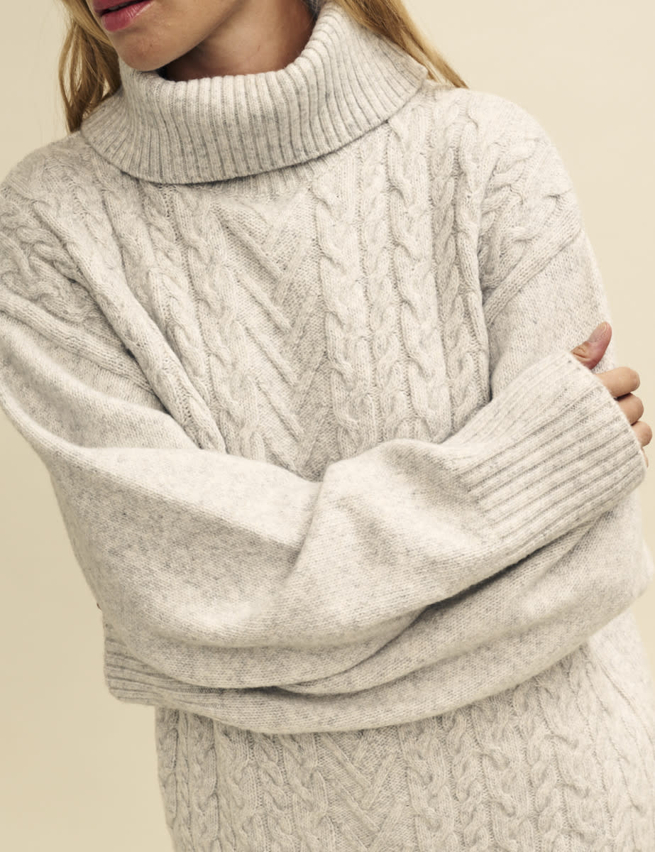 Light Grey Cable Knit Roll Neck Oversized Jumper