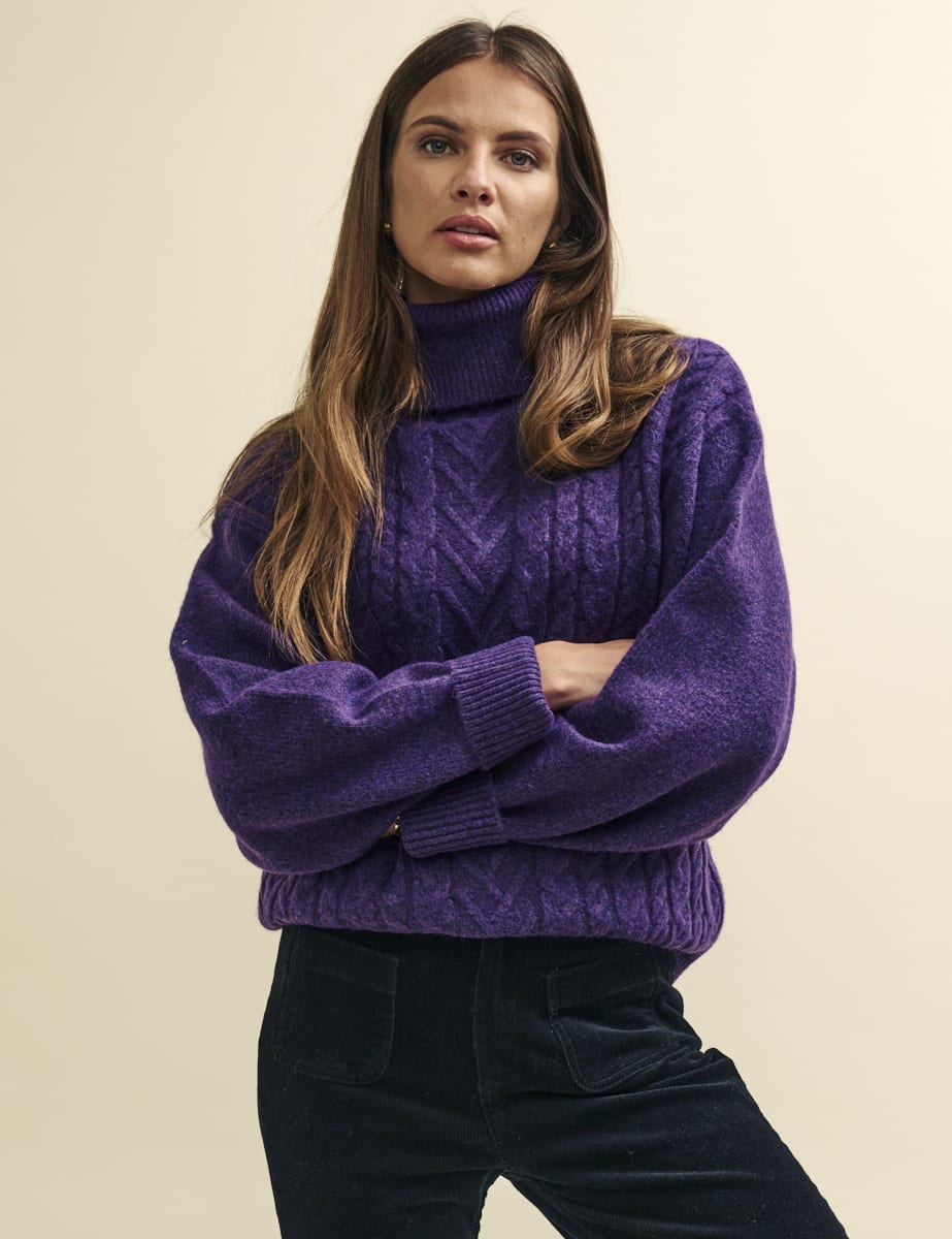 Purple Cable Knit Roll Neck Oversized Jumper