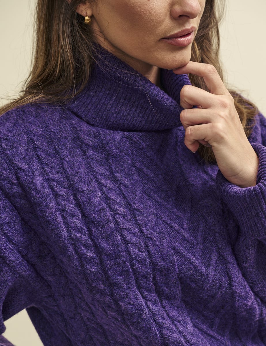 Purple Cable Knit Roll Neck Oversized Jumper