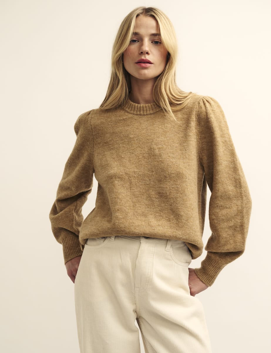 Camel Chunky Trim Crew Neck Knitted Jumper
