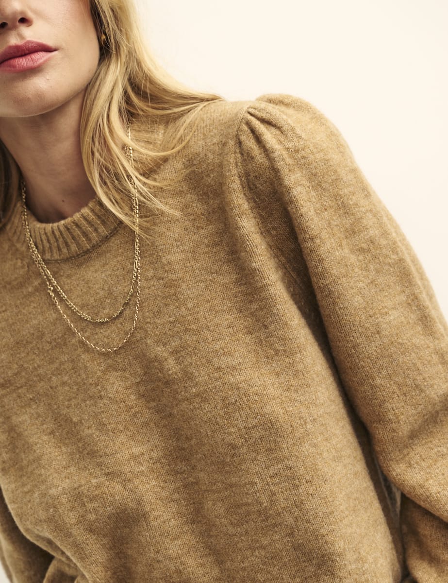 Camel Chunky Trim Crew Neck Knitted Jumper