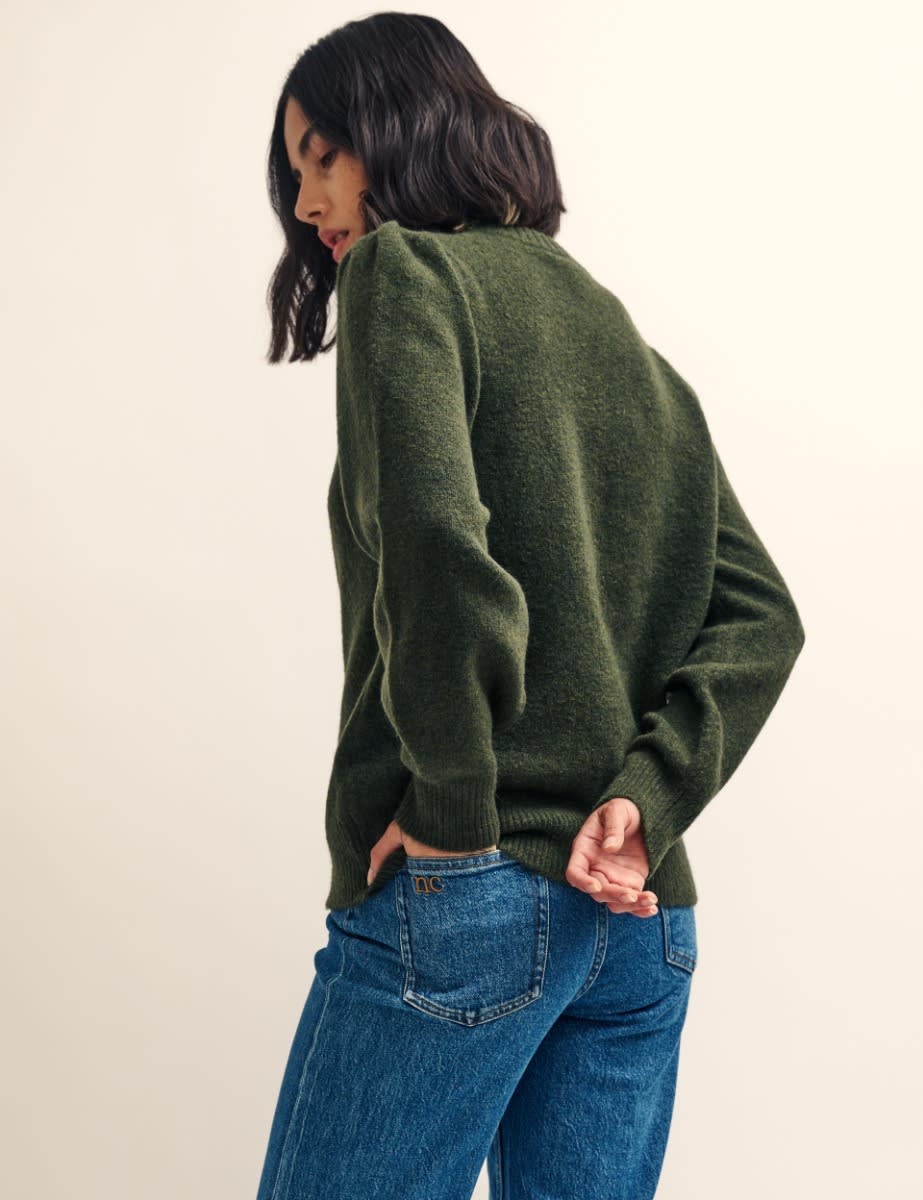 Khaki Green Chunky Trim Crew Neck Knitted Jumper